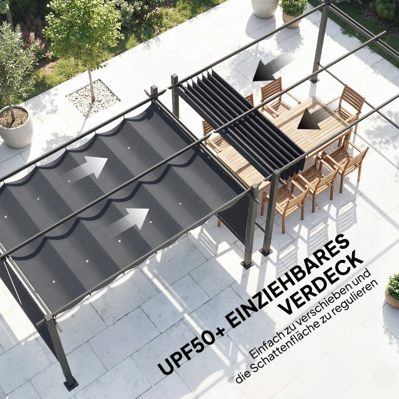 Outsunny Pergola 3 x 4 m Terrassenüberdachung mit Schiebedach, automatisch einziehbaren Rollos, UV50+ Aluminiumrahmen
