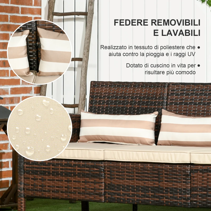 Outsunny Divano 3 Posti da Esterno in Rattan PE con Cuscini Imbottiti e Sfoderabili, 173x68x78 cm, Marrone