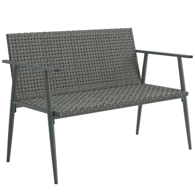 Outsunny Banc de Jardin 2 places en Résine Tressée et Acier, avec Accoudoirs, Dossiers et Pieds Réglables, 110x58x78cm, Gris