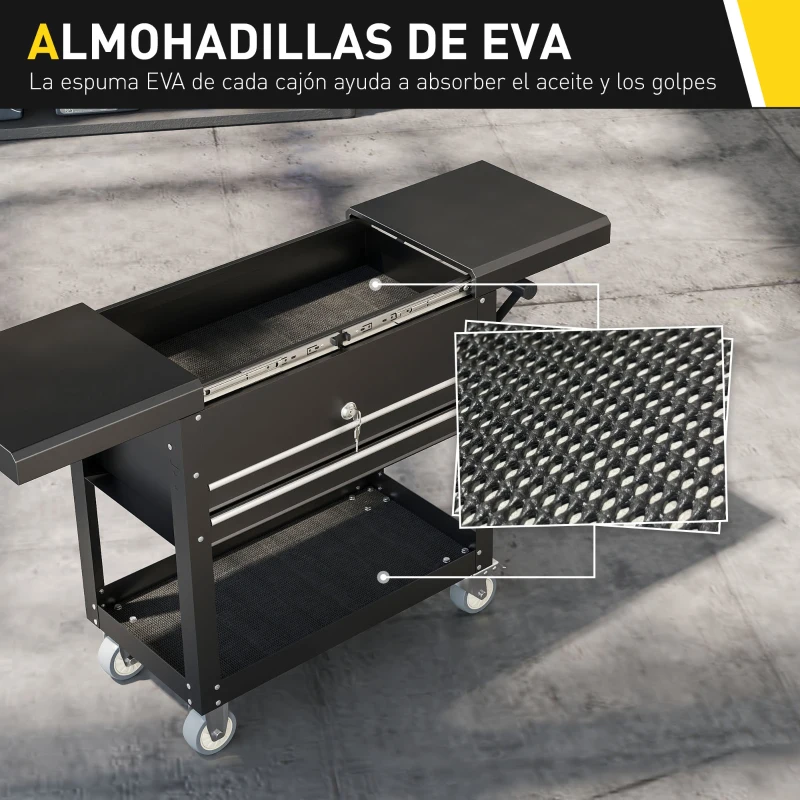 HOMCOM Carro de Herramientas con Ruedas Carro de Taller Móvil con Tapa Deslizante 2 Cajones con Cerradura Bandeja Negro