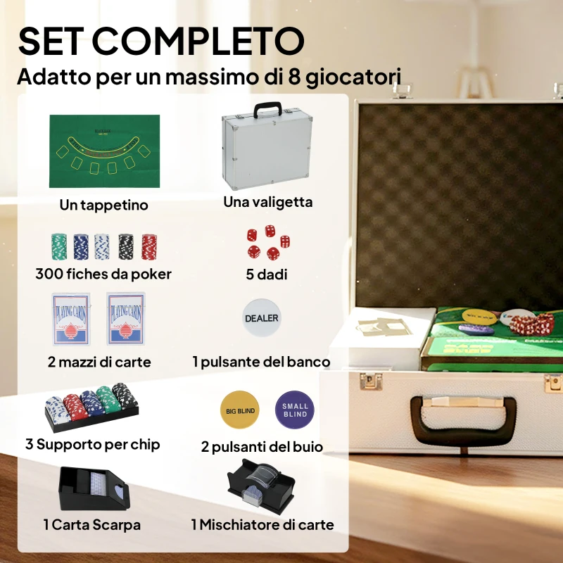 SPORTNOW Set Poker con 300 Fiches, Mescolatore e Distributore Carte, Tappetino, 5 Dadi, Pulsante Dealer e Valigetta