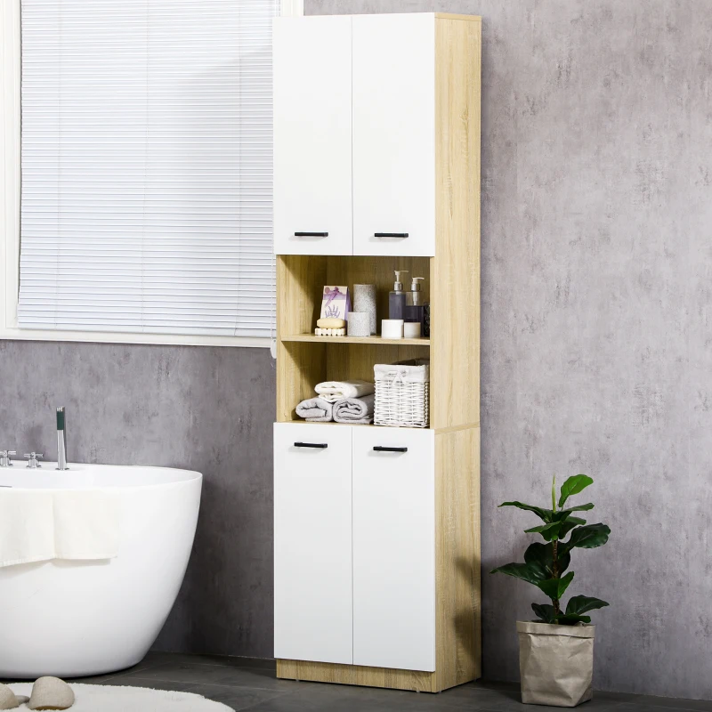 kleankin Armario Alto de Baño con 4 Puertas 2 Estantes Abiertos y Estantes Ajustables 53x33,5x195,7 cm Blanco y Roble