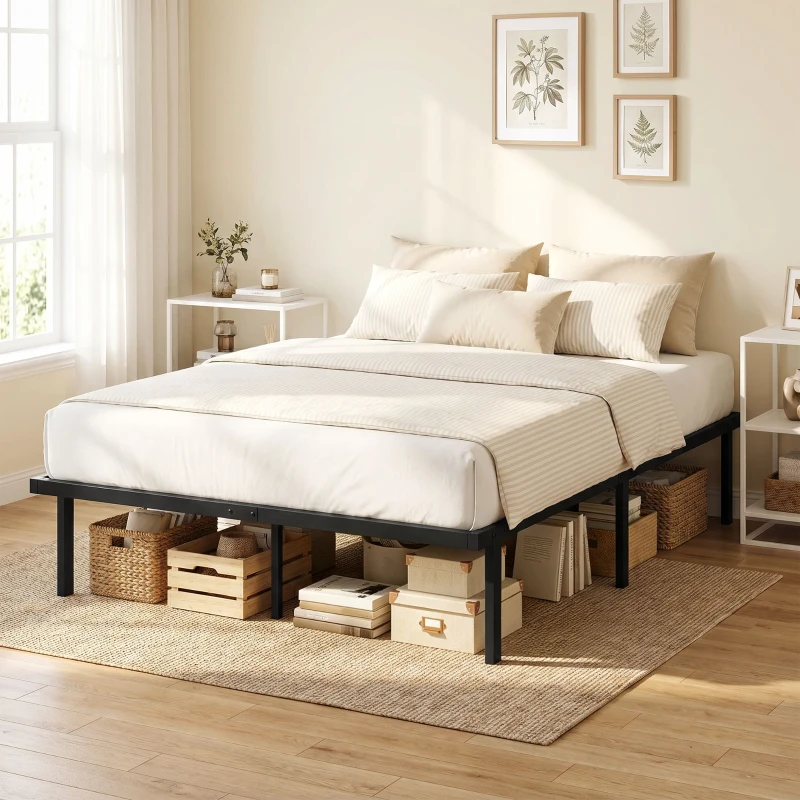 HOMCOM Bettgestell, 140 x 200 cm Metallbett mit Stauraum unter dem Bett, Metallgestell mit Lattenrost, kein Boxspring nötig