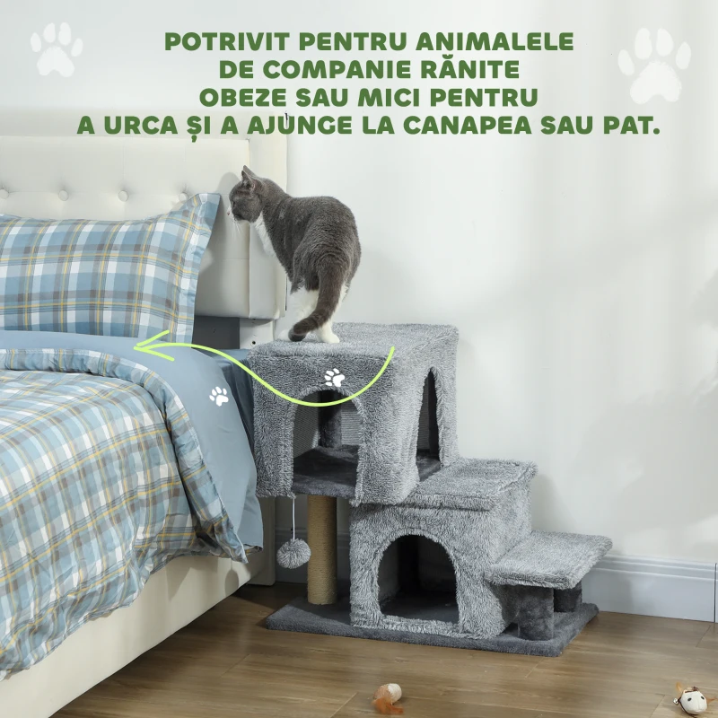 PawHut Scară pentru Pisici cu 4 Trepte Reglabilă pe Înălțime, cu 2 Căsuțe, Stâlp de Zgâriat și Biluță, Gri
