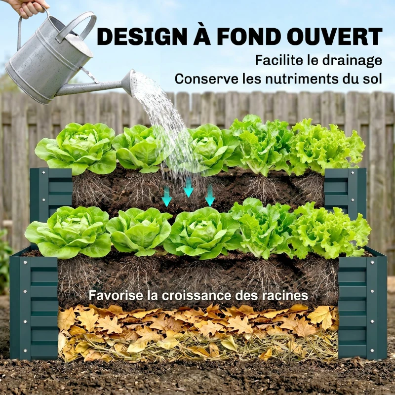 Outsunny Carré potager de jardin fond ouvert 2 étages pour herbes légumes fruits fleurs 120 x 101 x 58 cm vert