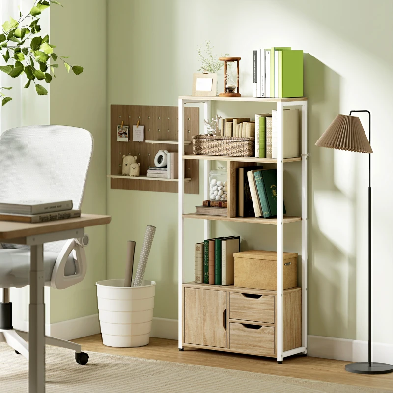 HOMCOM Librería Estantería para Libros con Estantes Cajones y Puerta 58x24x122 cm Estilo Industrial Blanco y Madera Natural