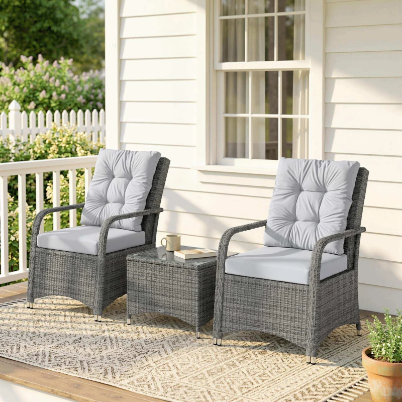 Outsunny 3 Pieces Rattan Bistro Set, Wicker Garden Furniture Set with Metal Frame, Cover, Glass Top Coffee Table, Light Grey