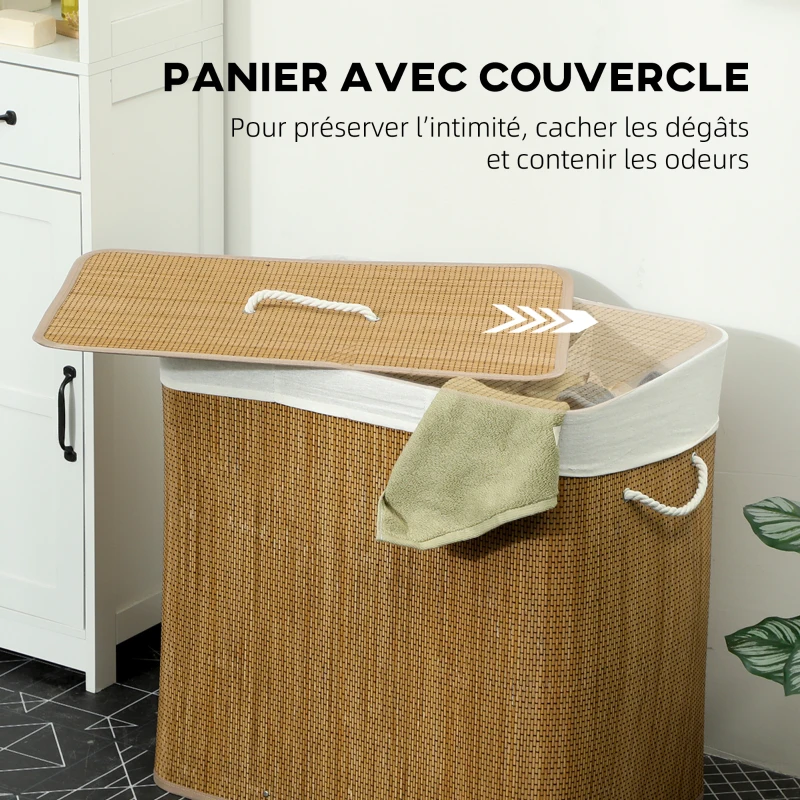 HOMCOM Panier à linge à trois compartiments avec couvercle, panier à linge en bambou 144 L avec poignées en corde
