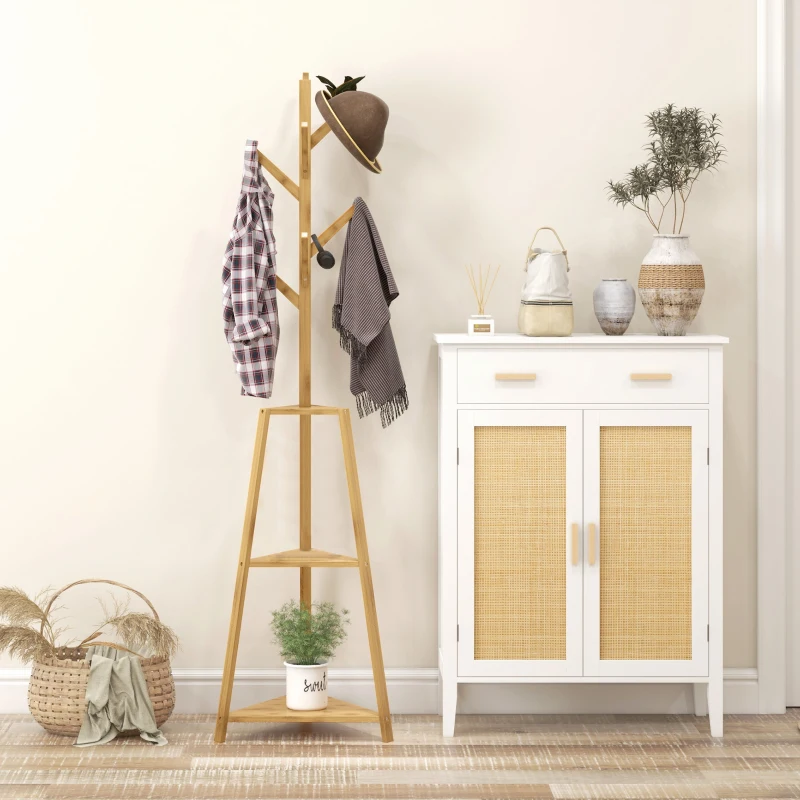 HOMCOM Cabide de pé em bambu suporte para roupas 8 ganchos 3 prateleiras 46 x 46 x 175 cm natural