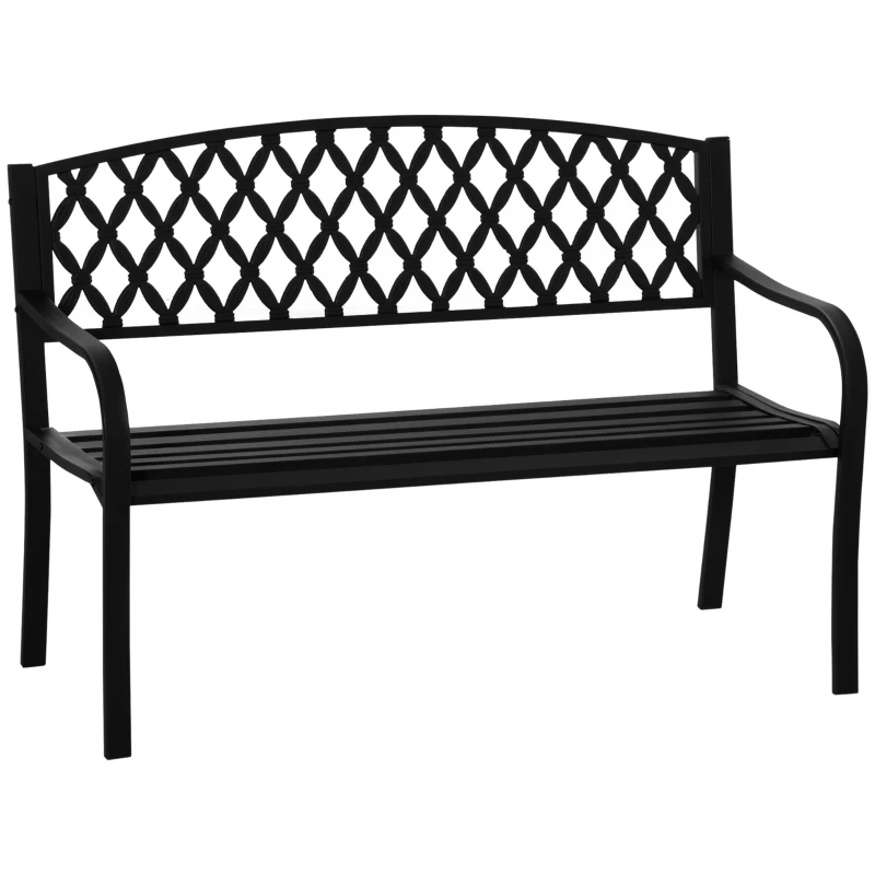 Outsunny Banco de Jardín de 2 Plazas con Respaldo Decorativo y Reposabrazos para Terraza Balcón Patio Exterior Carga 240 kg Hierro Fundido y Acero 128x58,5x89 cm Negro
