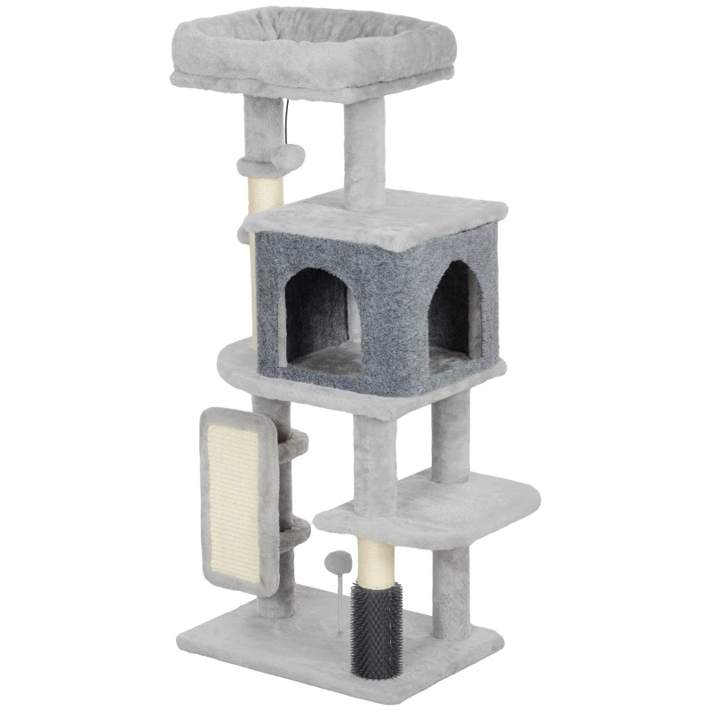 PawHut Albero per Gatti Multilivello Alto 104 cm con Casetta, Lettino, Pali Tiragraffi, Spazzola e Pallina, Grigio