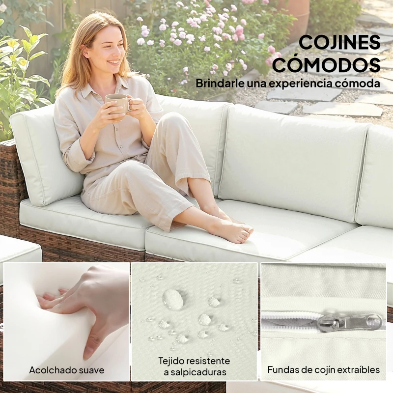 Outsunny Conjunto de Jardín Exterior de Ratán de 6 Piezas con Silla Esquinero 2 Sillas sin Brazos Reposapiés y Mesa Marrón