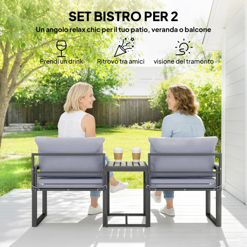 Outsunny Set da Esterno 3pz con Tavolo da Giardino e 2 Sedie con Seduta in Texteline e Cuscini, Grigio