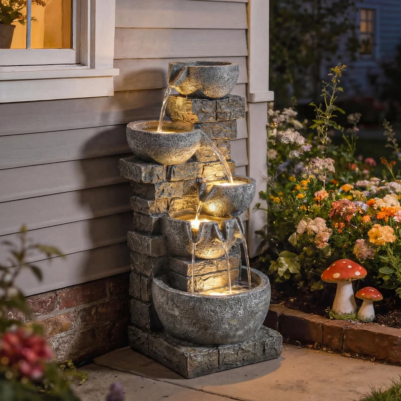 Outsunny Fuente de Jardín con Iluminación LED y Bomba Fuente Decorativa en Cascada de 5 Niveles 334x36x80 cm Multicolor
