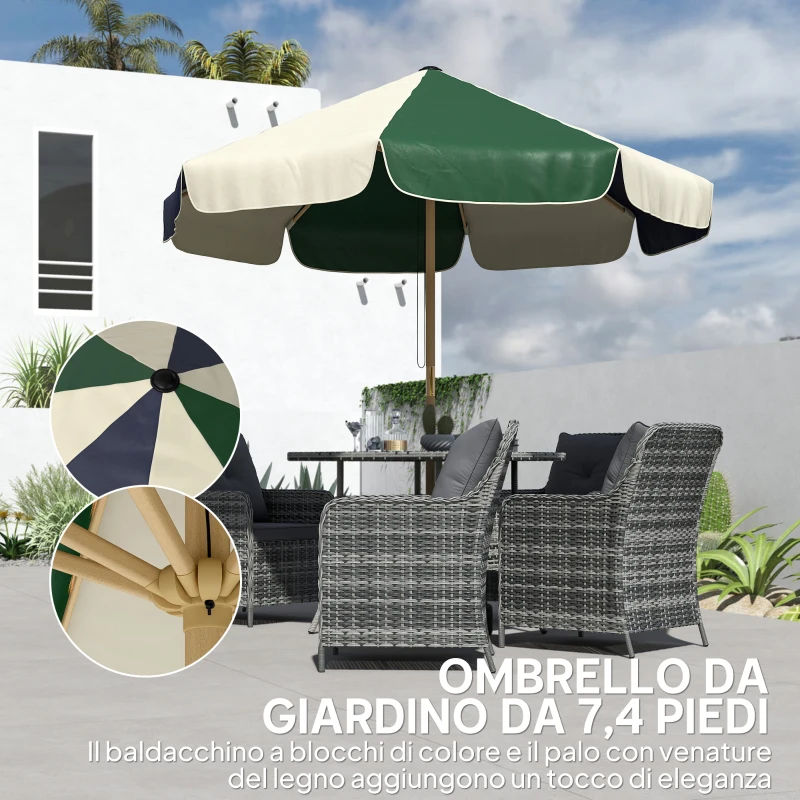 Outsunny Ombrellone da Giardino con Telaio Effetto Legno, Tettuccio a Blocchi di Colore con 8 Stecche, UV 30+