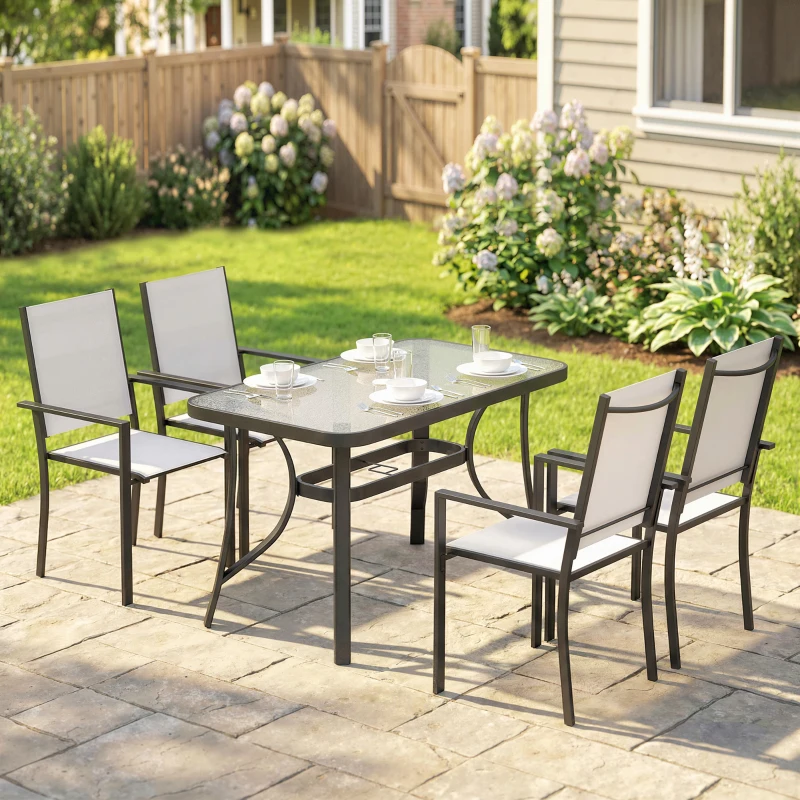 Outsunny Set da Giardino 5pz con 4 Sedie Impilabili e Tavolo in Vetro Temperato con Foro per Ombrellone, Grigio Chiaro
