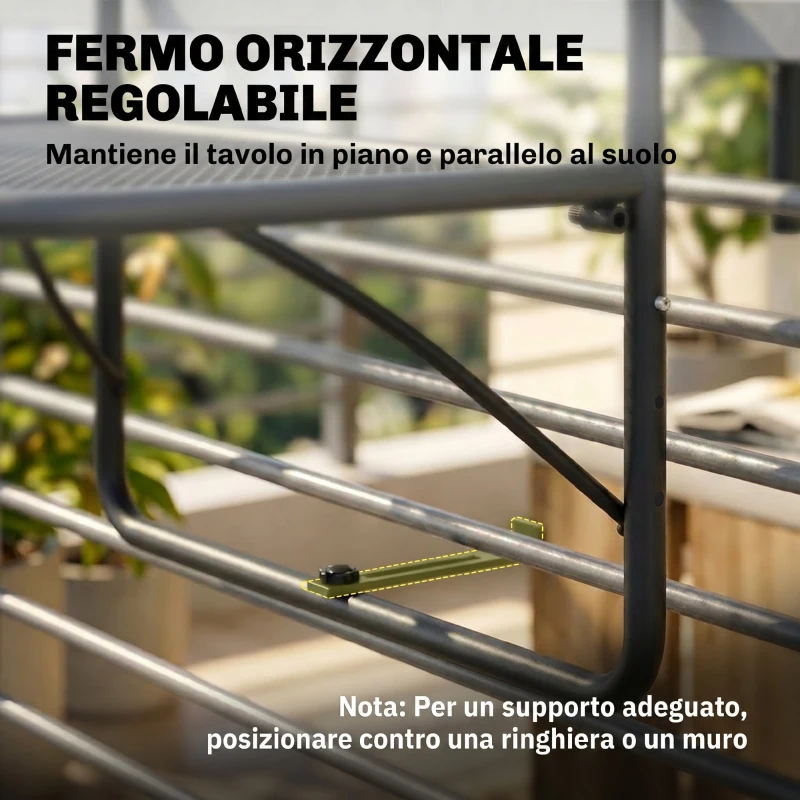 Outsunny Tavolo da Ringhiera con Ganci ad Altezza Regolabile su 3 Livelli, in Metallo, 60x56x50cm, Nero