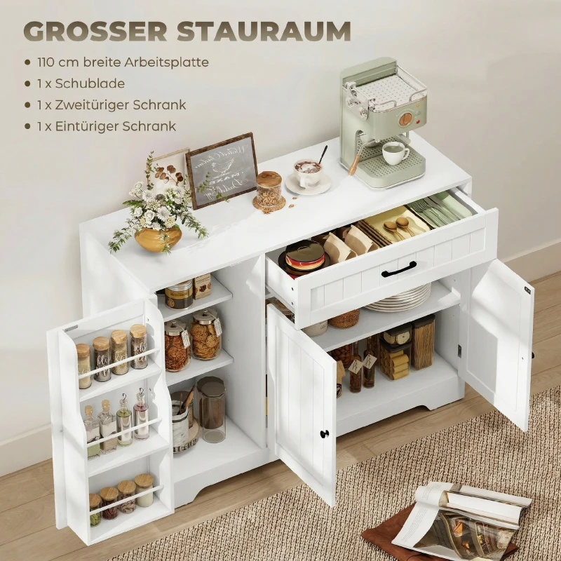 HOMCOM Modernes Küchen-Sideboard mit Schublade, verstellbaren Regalen, kleine Küchen-Vorratskammer mit Türfächern, Weiß