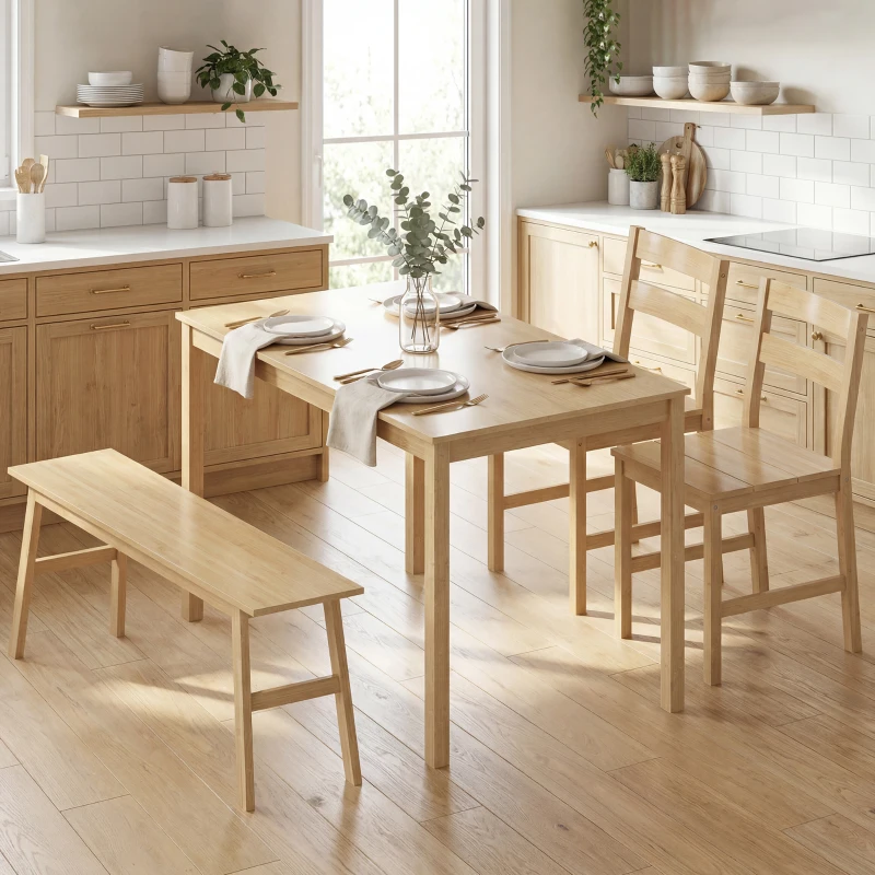 HOMCOM Ensemble de salle à manger en bambou, table à manger avec 2 chaises et banc pour 4 personnes, bois naturel