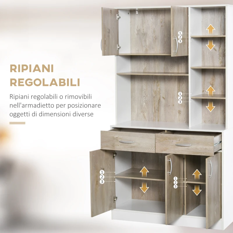 HOMCOM Mobile Buffet Dispensa Cucina, Ante Cassetti e Vani Aperti, 100L x 39P x 181.5Acm Bianco e Legno