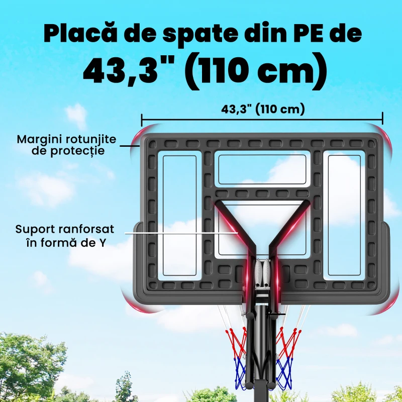 SPORTNOW Coș de Baschet Reglabil 235-305cm, Rezistent la Impact, Negru