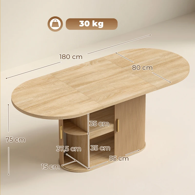 HOMCOM Table à Manger Ovale pour 6 personnes, Portes Coulissantes, 6 Compartiments, Style Farmhouse Moderne, 180x80x75cm, Chêne