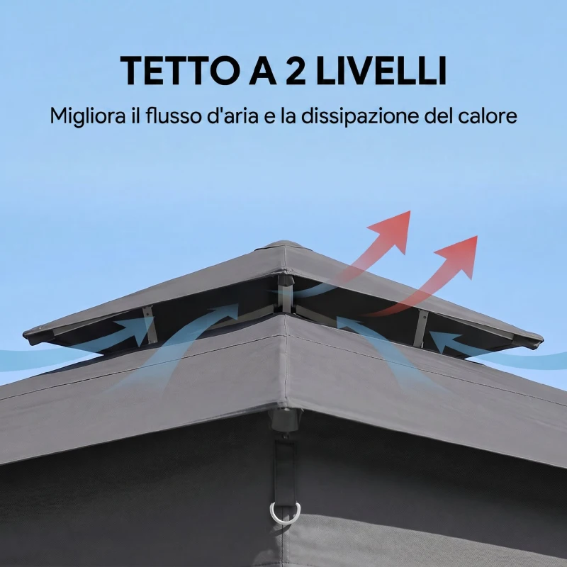 Outsunny Gazebo da Giardino ad Altezza Regolabile con Luci LED, in Acciaio e tessuto Oxford, 336x336x250-270 cm, Grigio