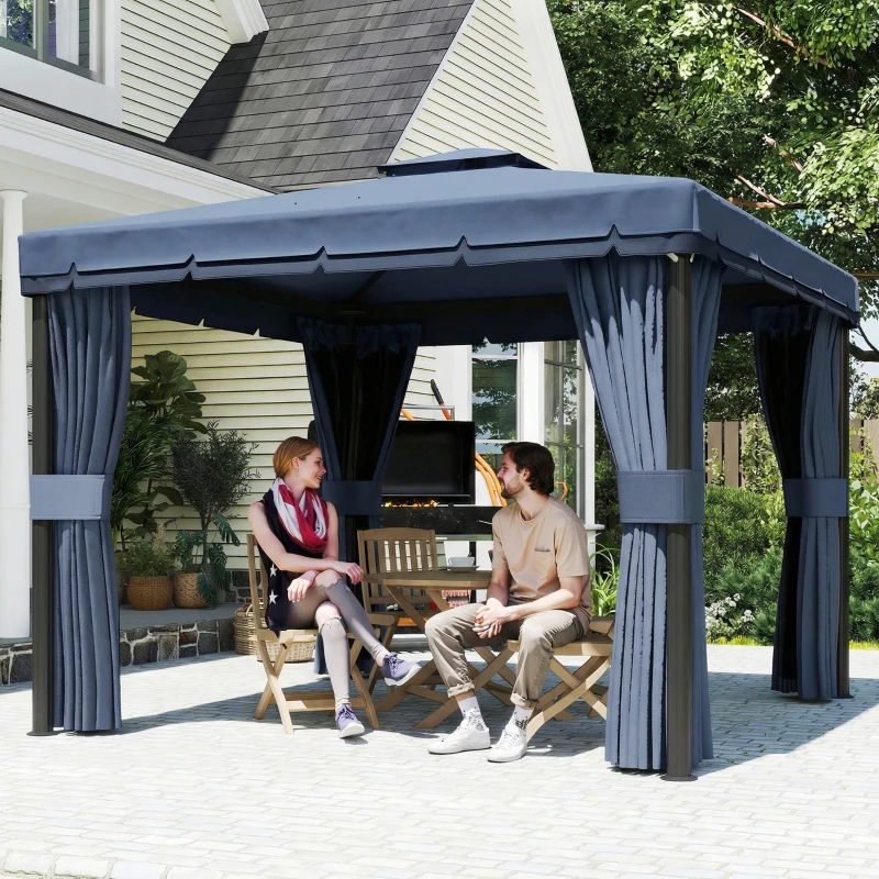 Outsunny 3 x 3(m) Patio Gazebo Canopy Garden Pavilion Tent Shelter Marquee with 2 Tier Roof, Netting and Curtains, Dark Blue