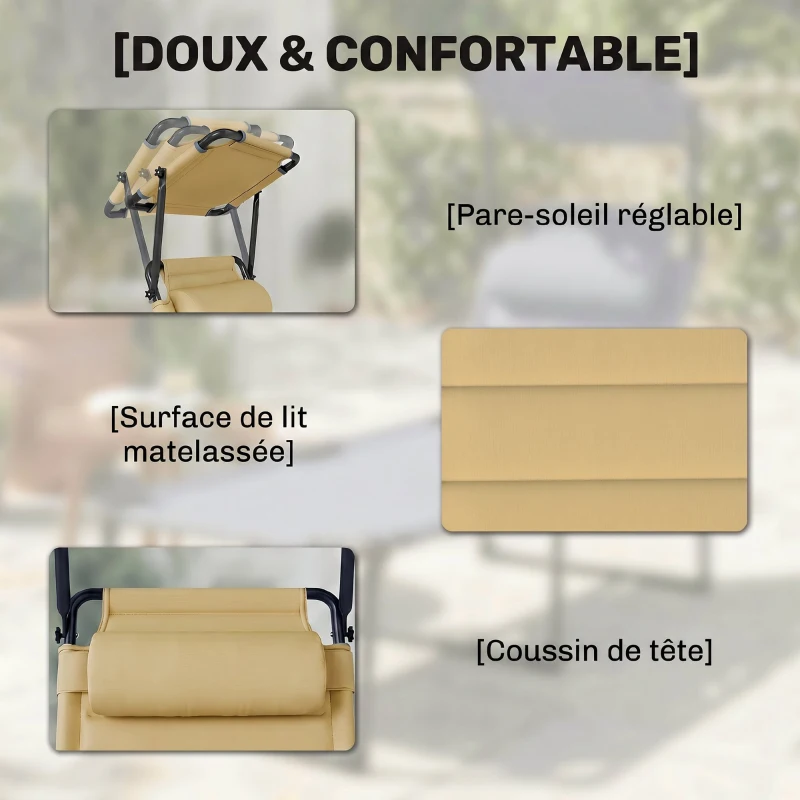 Outsunny Bain de soleil chaise longue pliante avec pare-soleil, appuie-tête inclinable en tissu Oxford 70 x 200 x 45 cm crème
