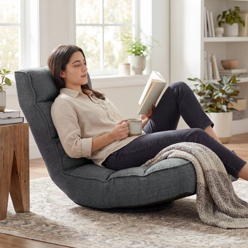 HOMCOM Silla de Suelo Plegable Silla de Lectura Giratoria 360° con Respaldo Ajustable en 5 Posiciones 58x107x79 cm Gris