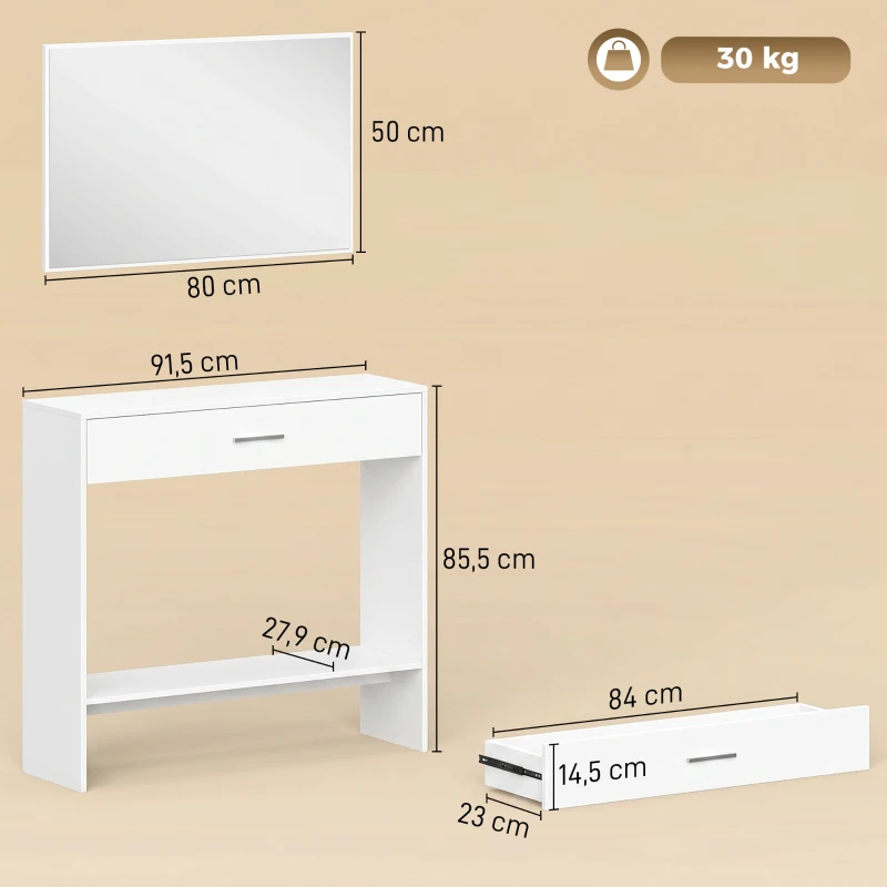 HOMCOM Recibidor de Entrada con Espejo Cajón y Estante Mueble de Recibidor para Pasillo 91,5x27,9x85,5 cm Blanco