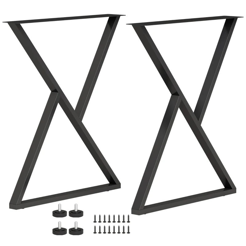 HOMCOM Pieds de table en acier, 60 x 72 cm, lot de 2 pieds de bureau en forme X avec patins réglables et vis, noir