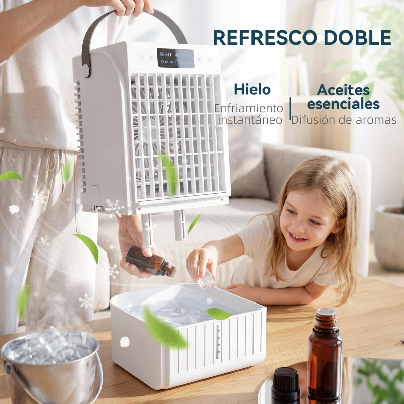 HOMCOM Mini Enfriador de Aire 4 en 1 con 4 Velocidades 2 Modos de Nebulización Luz LED RGB de 7 Colores Blanco