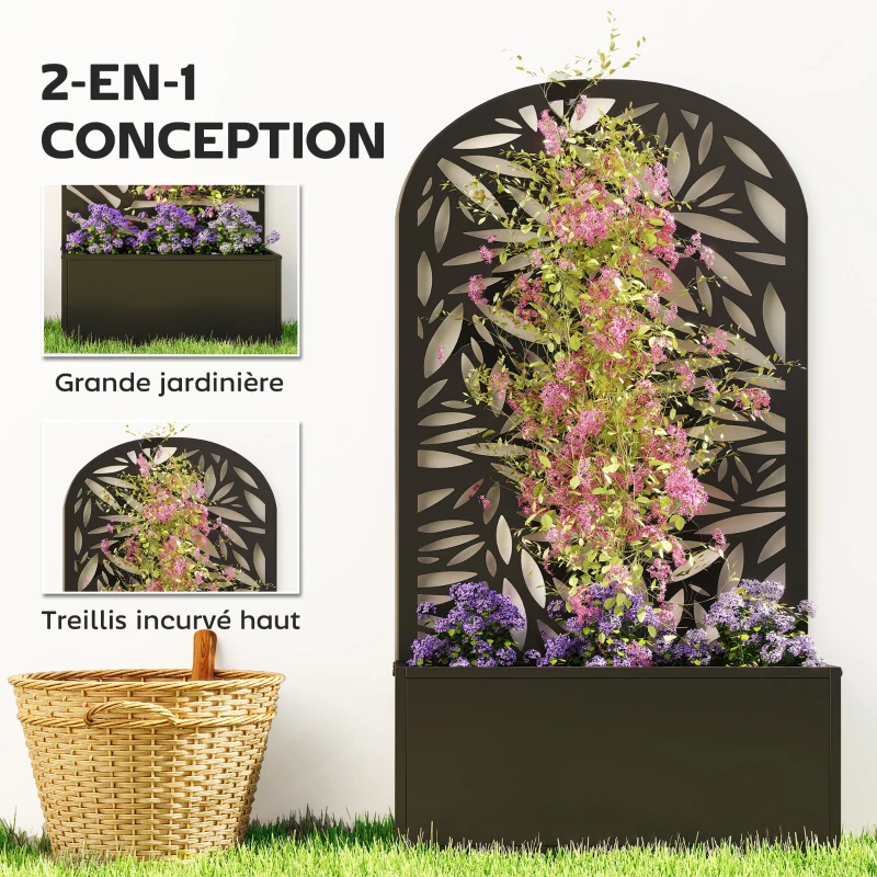 Outsunny Jardinière avec treillis, bac à fleurs en métal, à fixer au mur ou au sol, 61x23x113cm, noir