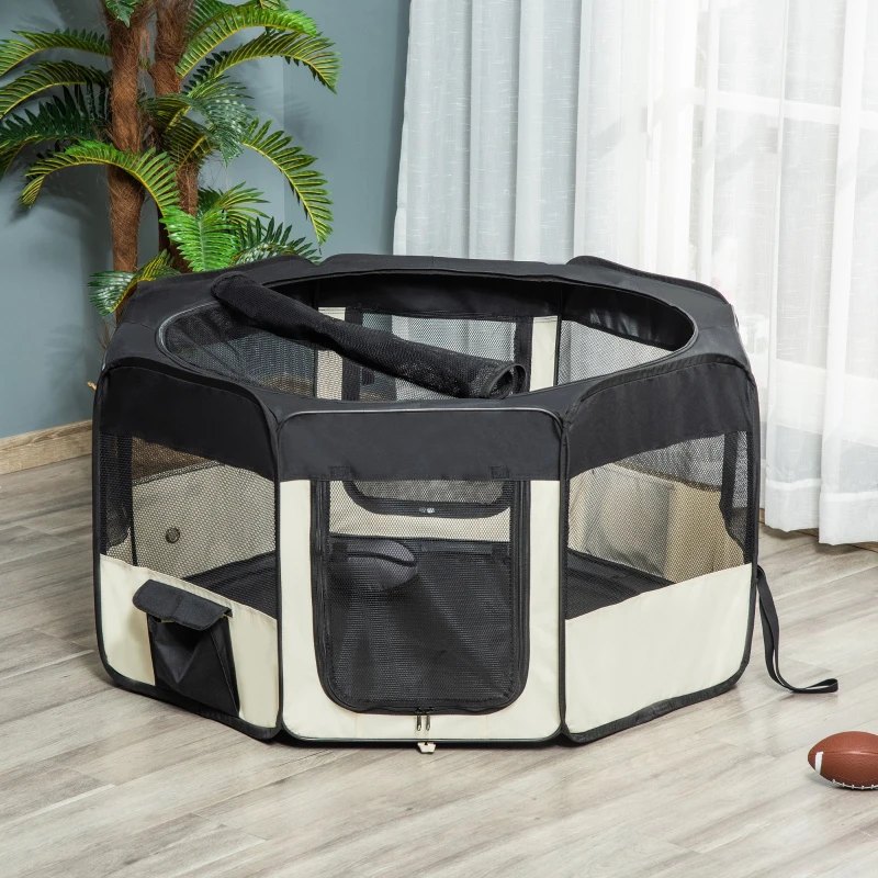PawHut Parc enclos pliable pour chien chat petits animaux octogonal en tissu Oxford et acier - Ø 120 x 58H cm - noir et crème