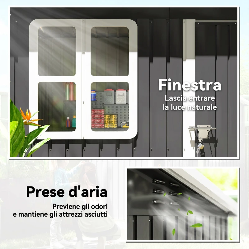 Outsunny Casetta da Giardino 2.55m² in Acciaio Zincato, con Kit di Fondazione, Porta Blocco Tetto Inclinato, Grigio