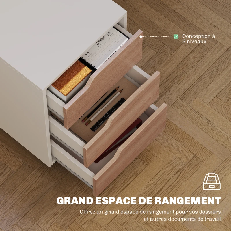 HOMCOM Caisson bureau mobile, meuble rangement bureau sur roulettes, 3 tiroirs, 40x50x57,5cm, blanc et chêne