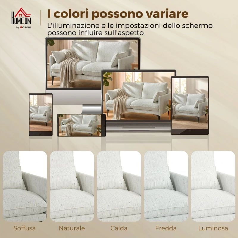 HOMCOM Divano 2 Posti in Tessuto con Braccioli, Imbottitura Spessa e 2 Cuscini, 131x78x83 cm, Bianco