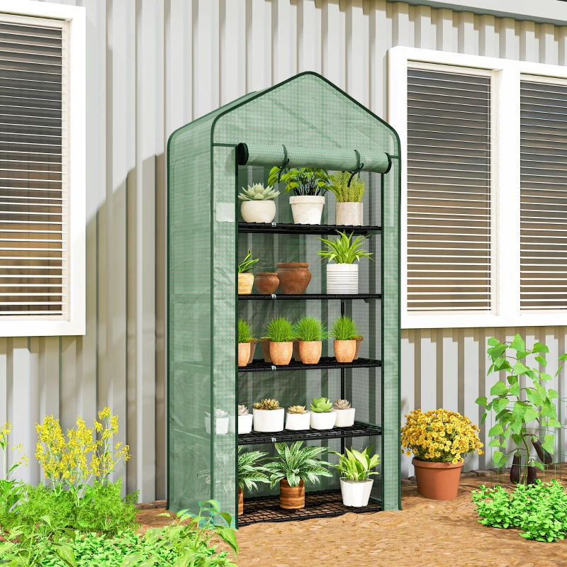 Outsunny Serra a Casetta a 5 Livelli con Ingresso Avvolgibile, in Acciaio e Polietilene, 90x49x193 cm, Verde