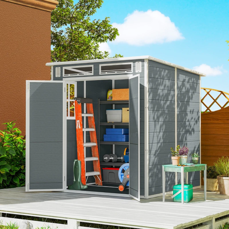 Outsunny 6 x 6 ft Plastic Garden Shed, Wood-Effect Outdoor Storage Shed with Floor, Windows, Lockable Doors and Vents, Grey
