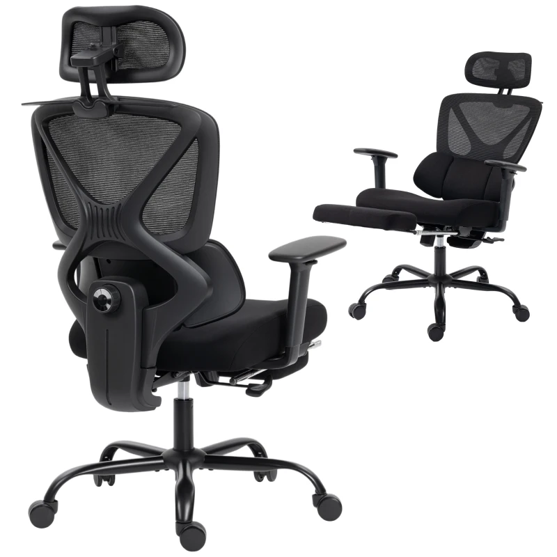 HOMCOM Scaun de Birou Ergonomic și Respirabil cu Suport Lombar Dinamic și Suport pentru Picioare, 73x75x120-128 cm, Negru