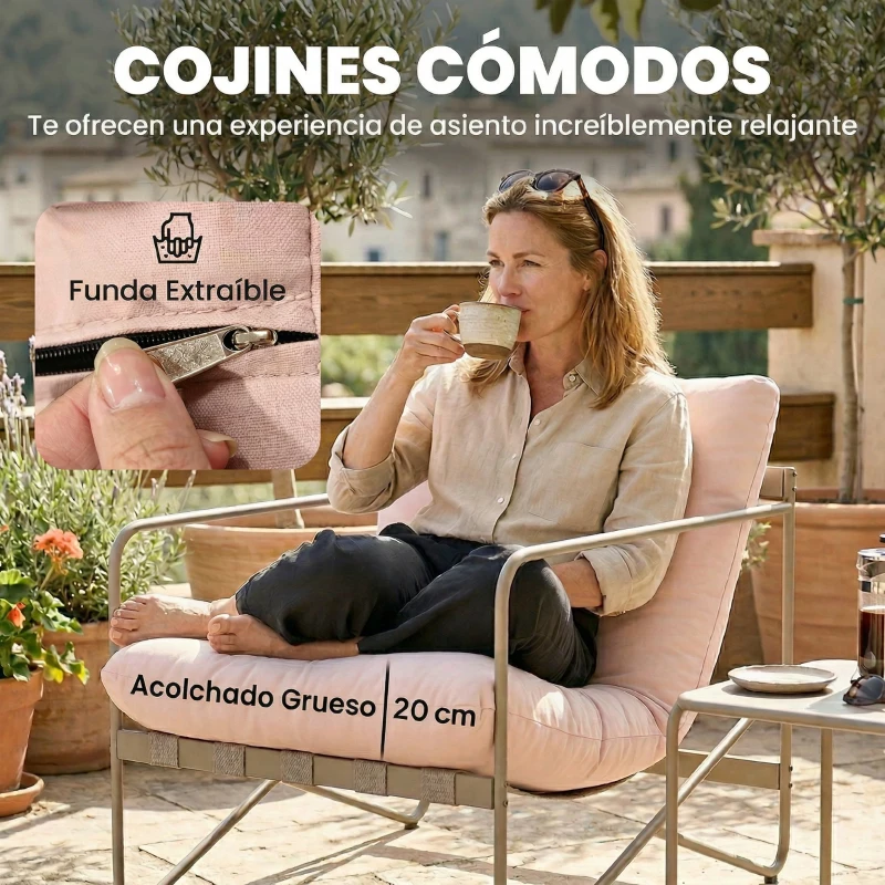 Outsunny Conjunto de Jardín Exterior de 4 Piezas con Sofá de 2 Plazas 2 Sillones Mesa de Vidrio Templado Cojines Gruesos Rosa