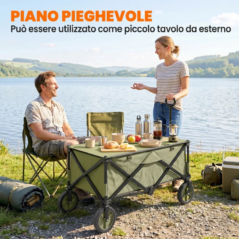 Outsunny Carrello da Giardino 125L Pieghevole con Maniglia e 5 Sacche, 108x55x93 cm, Verde