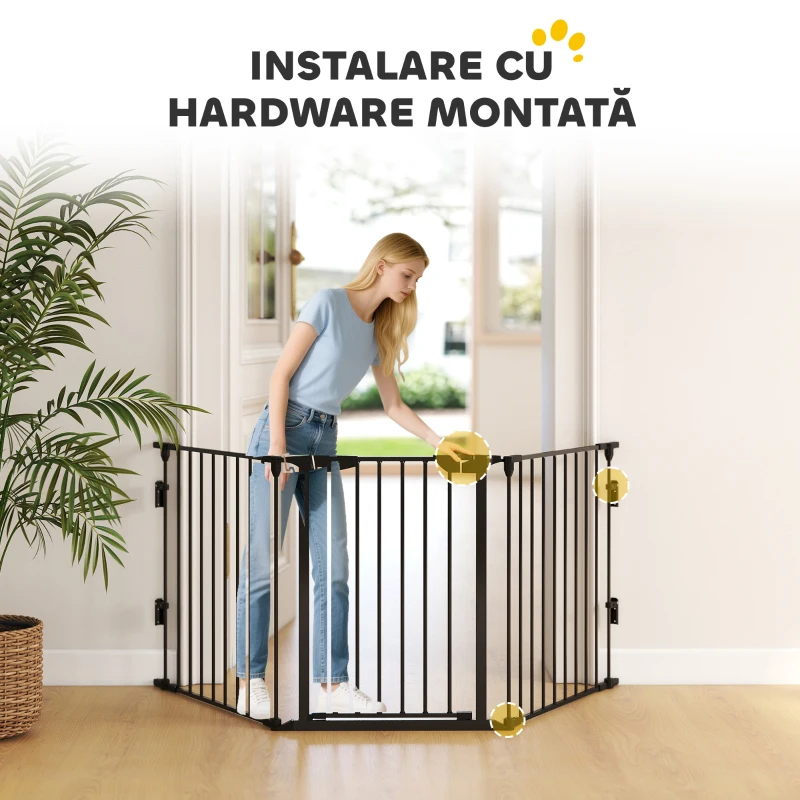 PawHut Poartă pentru câini de talie mică și medie pliabilă cu 5 panouri, din metal și plastic, 300x3x74,5 cm, negru