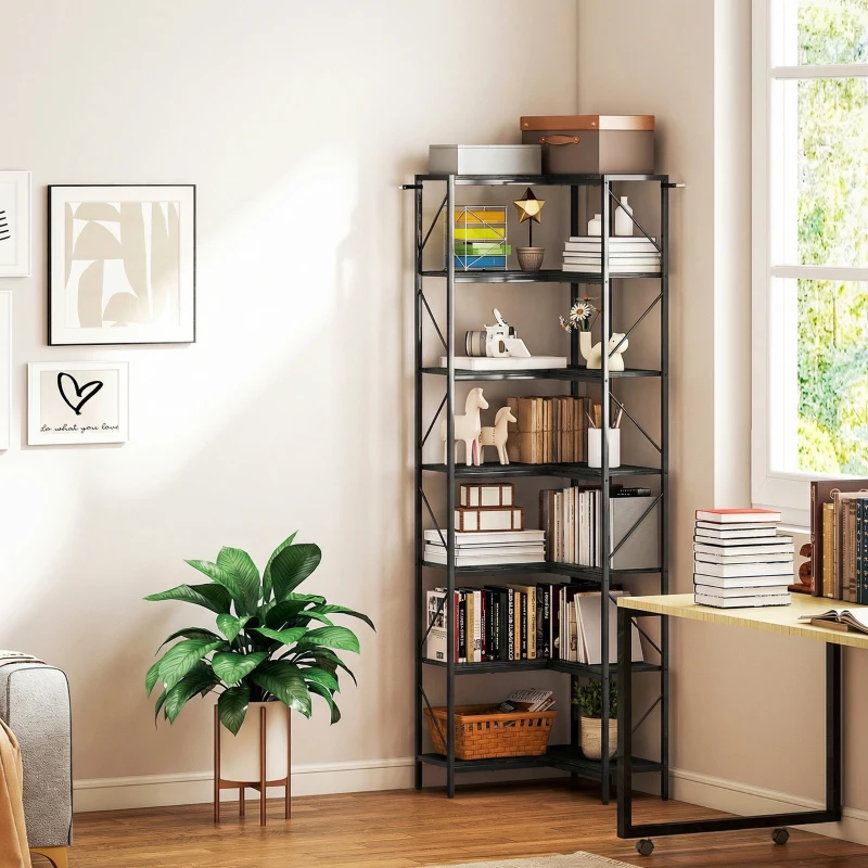 HOMCOM Bibliothèque d'angle à 7 niveaux industriel avec étagères de rangement, 60 x 60 x 198 cm, noir