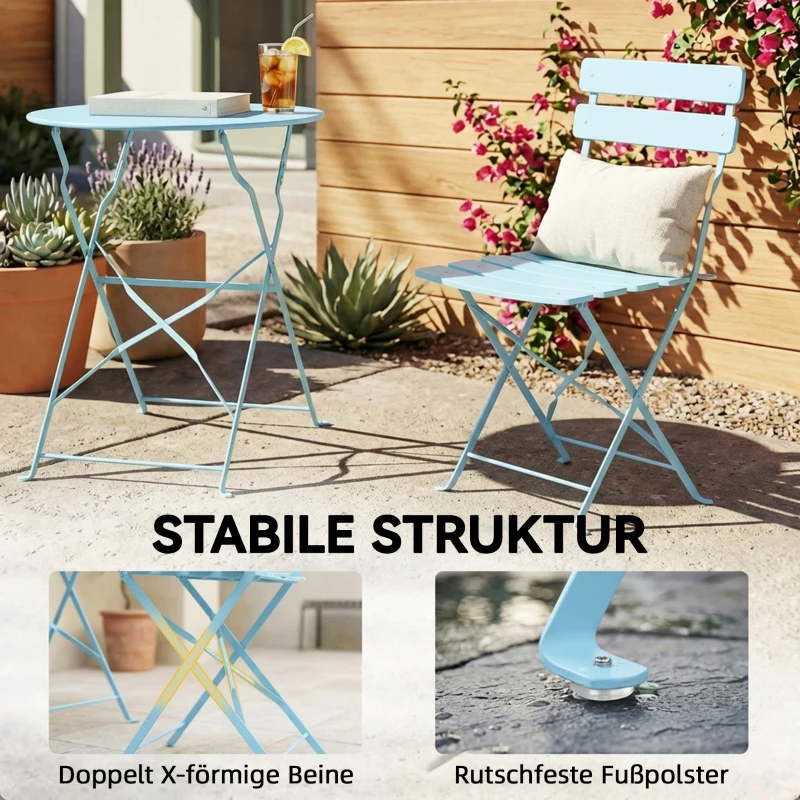 Outsunny 3-teiliges Garten Bistro Set Klappbar Bistrotisch mit 2 Stühlen Lamellen-Sitz Doppelt X-Beine Hellblau