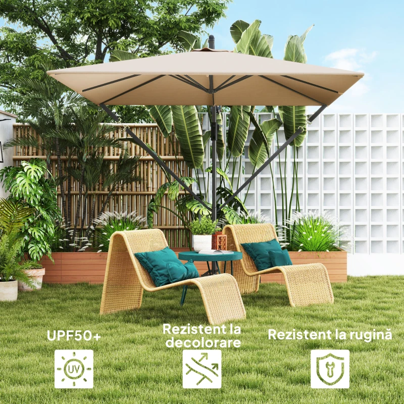 Outsunny Umbrelă Suspendată 2.5x2.5 m cu Acoperire, Corzi Antivânt, Bază în Cruce și Manivelă, Umbrelă de Grădină Inclinabilă și Rotativă 360° din Metal și Poliester 180 g/m², UV50+, Gri