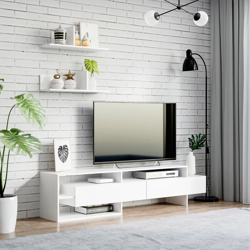 HOMCOM Mueble de Salón para TV con Mesa para Televisor 180x33,5x42 cm y 2 Estantes de Pared 65x20x20 cm Blanco
