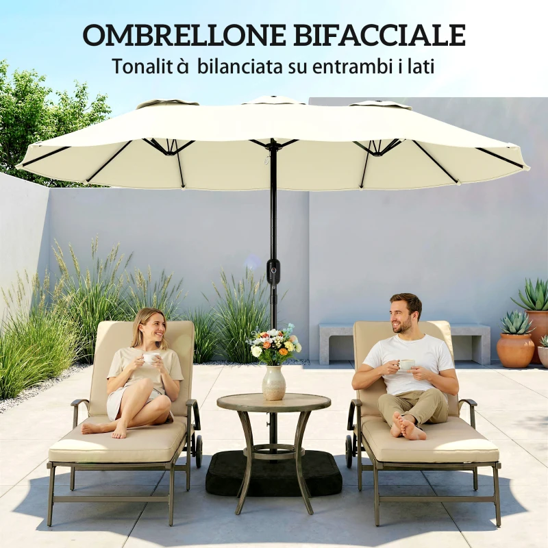 Outsunny Ombrellone Doppio a 12 Stecche con Manovella, Base a Croce e Sacchi, in Metallo e Poliestere, 3x1.5 m, Beige