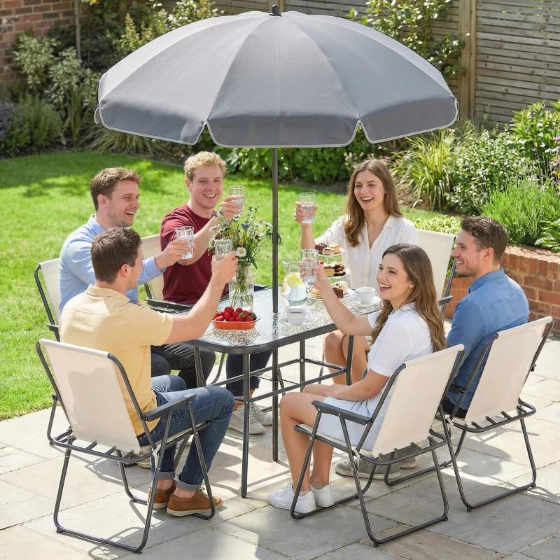 Outsunny Conjunto de Mesa y Sillas Jardín de 8 Piezas con Sombrilla 6 Sillas Plegables Mesa de Vidrio Templado Crema